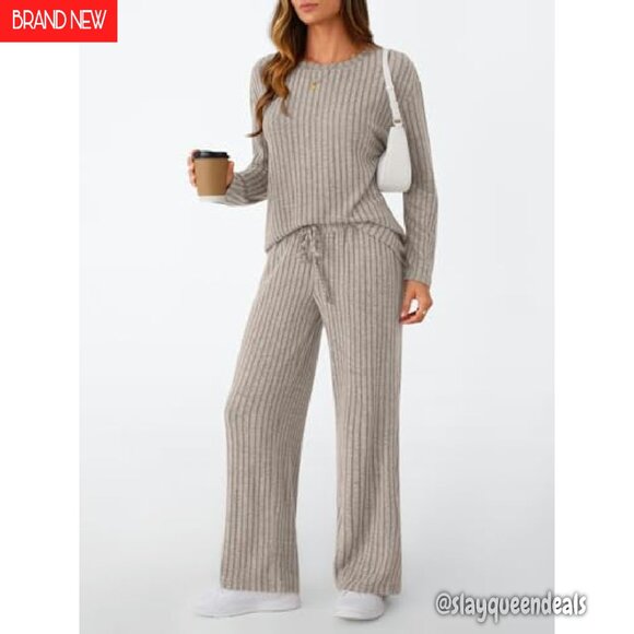 Soft Ribbed Knit Lounge Set Long Sleeve Matching Pajamas Sweatsuit - Picture 4 of 6
